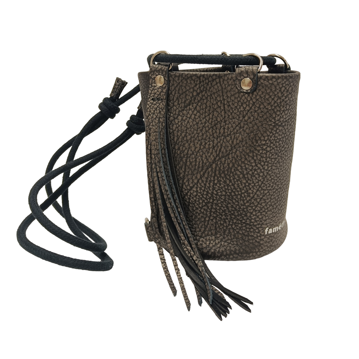 sac à dos bandoulière sac seau frange cuir français noir argenté bronze faméthic maroquinerie fabrication française made in france