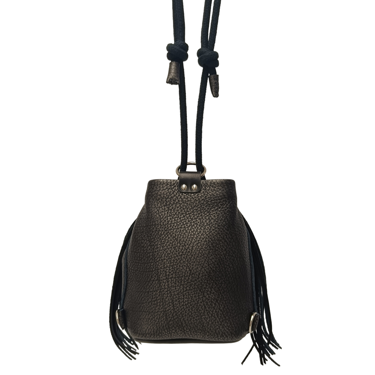 sac à dos bandoulière sac seau frange cuir français noir argenté bronze faméthic maroquinerie fabrication française made in france 